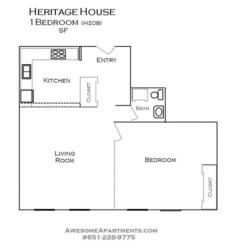 Floor plan for 1 bed, 1 bath, 675 sqft